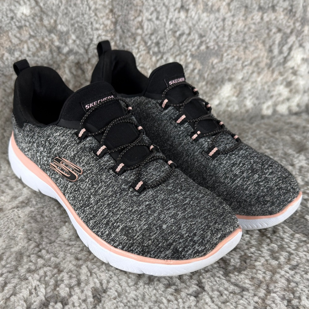 Skechers Size 7 Memory Foam Bungee Lace Walking Sneaker Gray Black Pink Women